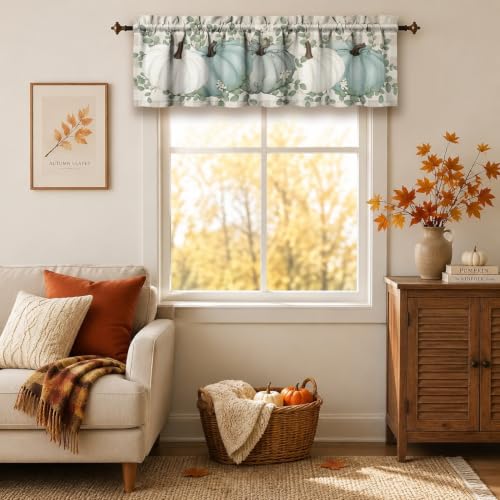 Fall Thanksgiving Kitchen Curtains Valances and Tiers 53 x 18 Inch (Blue / 54"W x 18"L (Pack of 3))