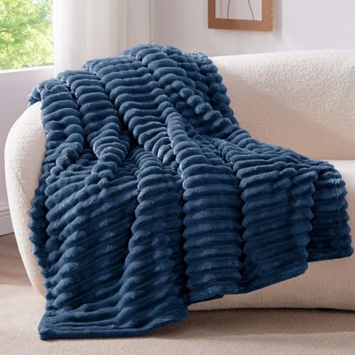 Ribbed Fleece Throw Blanket for Couch (Navy / Throw XL(50"x70"))