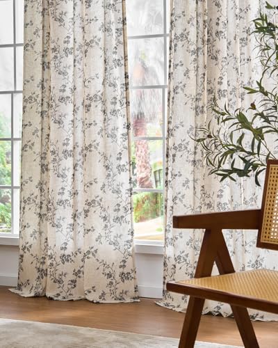 Black Vintage Floral Linen Curtains Farmhouse 50W X 84L 2 Panels (Black on Beige / 50"W x 84"L (Pack of 2))