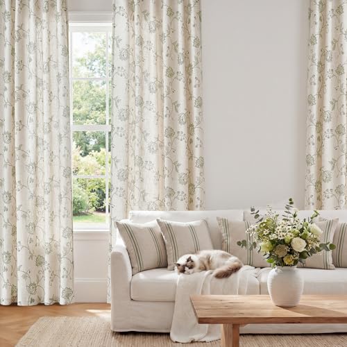 Green Floral Linen Curtains 84 Inch Vintage Back Tab 2 Panels (Floral Green / 50"W x 84"L (Pack of 2))