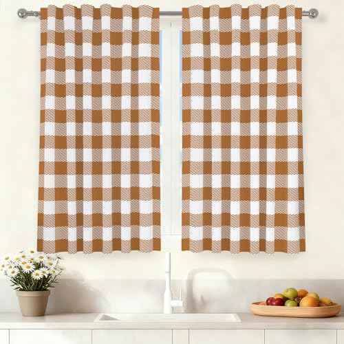 Orange White Buffalo Check Kitchen Curtain Rustic Plaid Window Drapes 26x24 (Brown / 26"W x 24"L (Pack of 2))