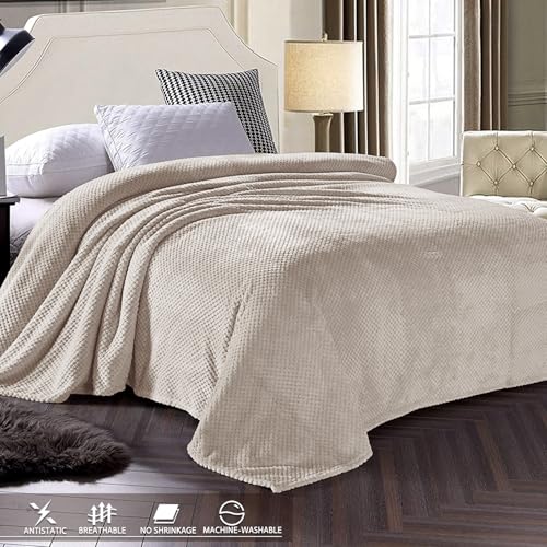 Soft Waffle Fleece Bed Blanket Queen Size (Tan / 90x90 in)
