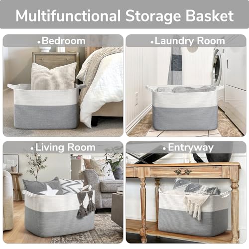 85L Large Woven Rope Blanket Basket (White Grey / X-Large(23.6"L x 15.7"W x 13.8"H))