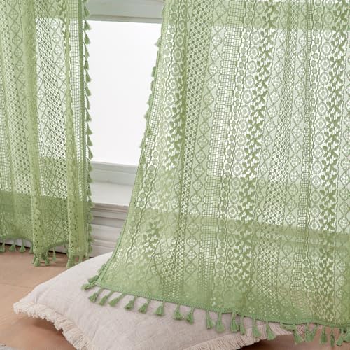 Boho Lace Curtains 84 Inches 2 Panel (59"W x 84"L (Pack of 2) / Grass Green)