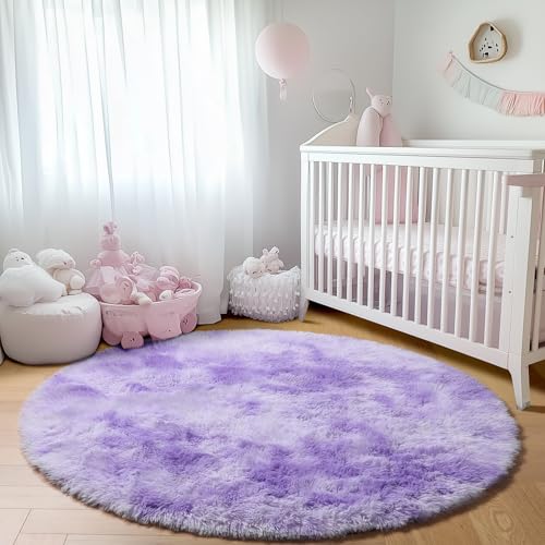 Tie Dye Purple Fluffy Round Rug Circle Area Rugs 4ft for Girl Kids Bedroom (Colorful Purple / 4' (Round))
