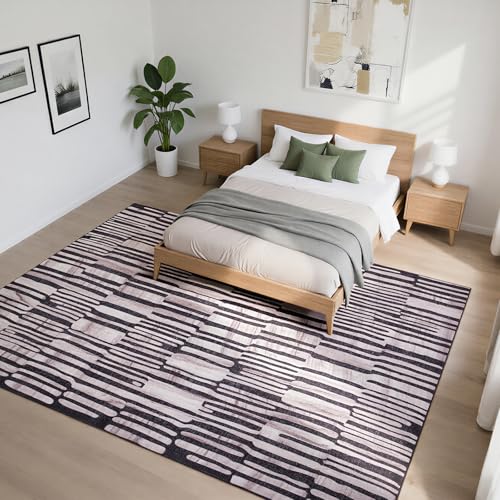 8x10 Moroccan Retro Washable Area Rugs for Living Room (8' x 10' (Rectangular) / Black-milky White-light Brown)