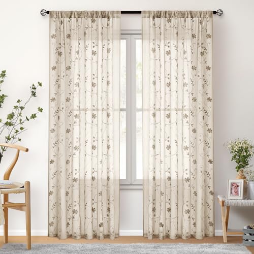 Taupe Sheer Curtains 84 Inches Long 2 Panels Beige Embroidered Floral Pattern Semi Sheer Window Curtains for Bedroom Living Room (52"W x 84"L (Pack of 2) / Taupe/Beige)