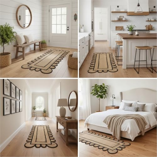 Scalloped Natural Jute Area Rug (Black / 2' x 10' (Runner))