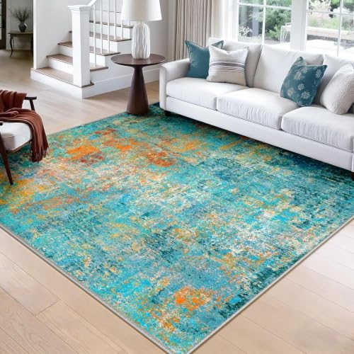 Washable Square 8'x8' Area Rug for Living Room Teal Multi (Teal Blue/Green/Orange / 8' x 8' (Square))