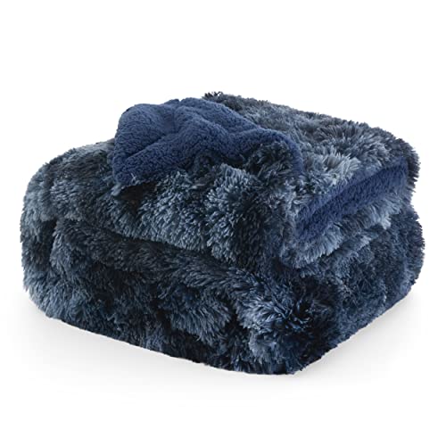 Faux Fur Fluffy Sherpa Fleece Bed Blanket Tie Dye Navy 108"x90" (05- Tie Dye Navy / King (108" X 90"))