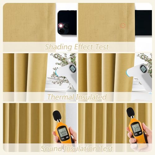 Gold 100% Blackout Linen Curtains 108 Inch Length 2 Panels Set for Living Room Bedroom Back Tab Thermal Insulated 100% Black Out Drapes Room Darkening Farmhouse Style for Bedroom Window Curtains (Gold / 52"W x 108"L (Pack of 2))