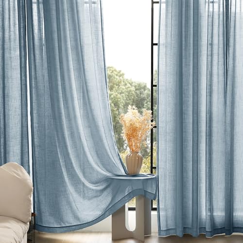 Dusty Blue Linen Curtains for Living Room Back Tab Light Filtering Semi Sheer Light Blue Bedroom Curtain Linen Cotton Textured Grey Blue Drapery Panel Airy Modern Farmhouse Aesthetic Decor 52x120 Long (Dusty Blue / 52"W x 120"L (Pack of 2))
