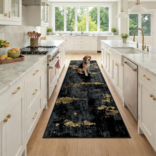 Washable Runner 2'6"x8' Abstract Area Rug for Hallway Black Gold (Black/Gold / 2'6" x 8' (Runner))