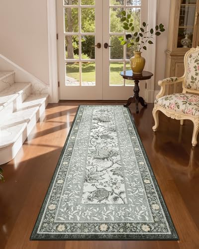 Provence Fog 2x6 Washable Kitchen Runner Rugs Non Slip Vintage Boho Cottage Long Rug for Hallways Bedroom Entryway Bathroom Mat with Rubber Back (Provence Fog / 2' x 6' (Runner))