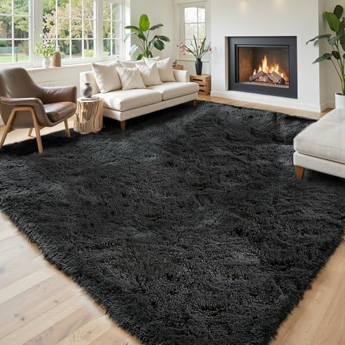 6x9 Black Shag Area Rug for Living Room (Black / 6' x 9' (Rectangular))
