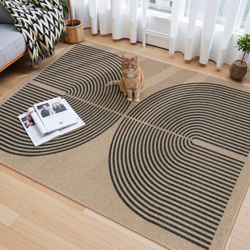 Modern Rainbow Easy Jute Outdoor Rug 4x6 (4' x 6' (Rectangular) / Nature/Black Rainbow)