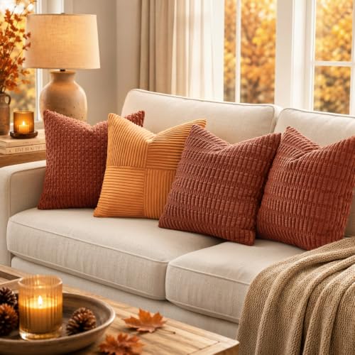 Fall Corduroy Decorative Throw Pillow Covers 18x18 Rust Pack of 2 (Rust / 18" x 18" (Pack of 2))
