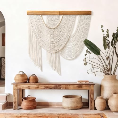 Large Macrame Wall Hanging Boho Tapestry Macrame Wall Art Decor (Beige)