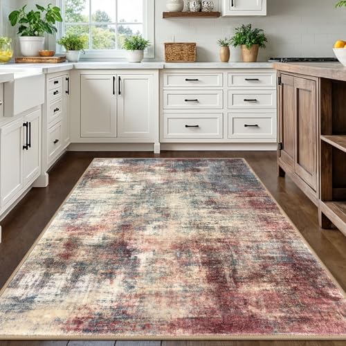 Abstract Area Rugs 5x7 Ft Washable Rugs for Living Room (Red/Multi / 5' x 7' (Rectangular))