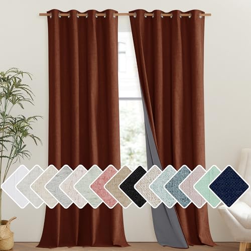 100% Absolutely Blackout Linen Curtains with Thermal Insulated Liner (52"W x 102"L (Pack of 2) / Burnt Orange)