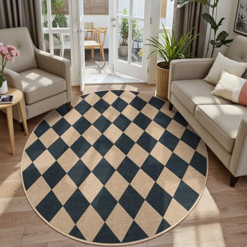 Checkered Easy Jute 6ft Round Outdoor Patio Area Rug (6' Round / Black/Checkerboard -2)
