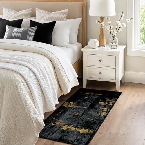 Washable 2'x5' Abstract Area Rug for Living Room Black Gold (Black/Gold / 2' x 5' (Rectangular))
