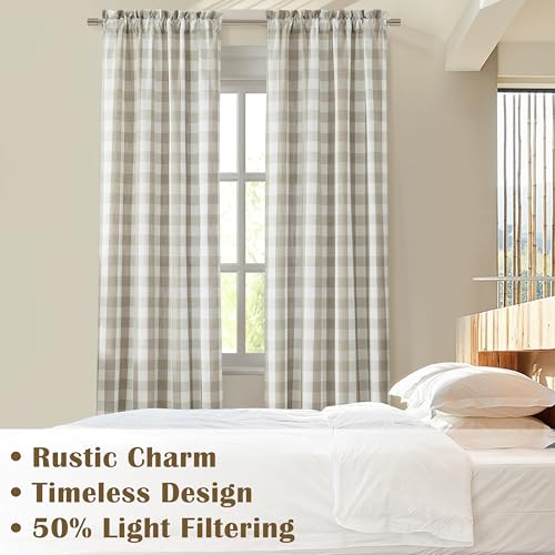 Beige Buffalo Plaid Semi Sheer Curtain Panels 84 Inches Long (Beige/White / 40"W x 84"L (Pack of 2))