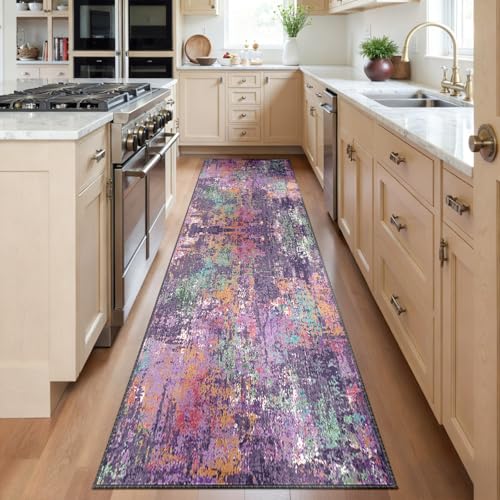 Washable Runner 2'x6' Abstract Area Rug for Hallway Purple Multi (Purple/Orange/Teal/Green/Red / 2' x 6' (Runner))