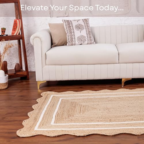 Wave Scalloped Jute Rug Entryway Natural Boho Area Rug Off (11'x14' / White)