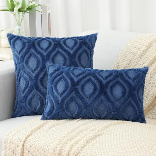 Faux Fur Plush Soft Dark Blue Throw Pillow Covers 24x24 Set of 2 (24" x 24" (Pack of 2) / Dark Blue)
