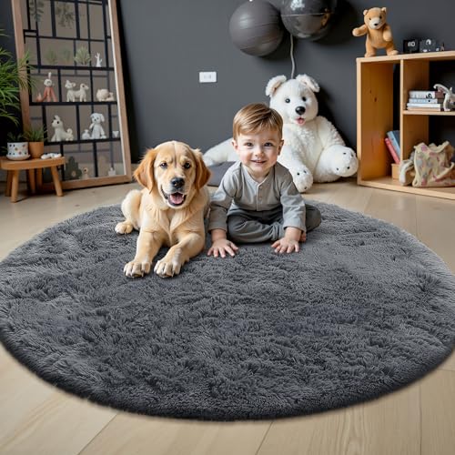 Grey Round Rugs for Bedroom (4 Ft Round / Grey)