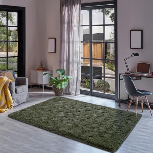 Fluffy Rug for Bedroom Living Room (7' x 10' / Olive Green)