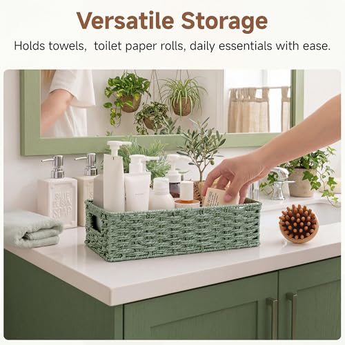 Wicker Toilet Basket Tank Topper for Sage Green Bathroom Decor (Green / 14¼" L x 6¾" W x 3¾" H)