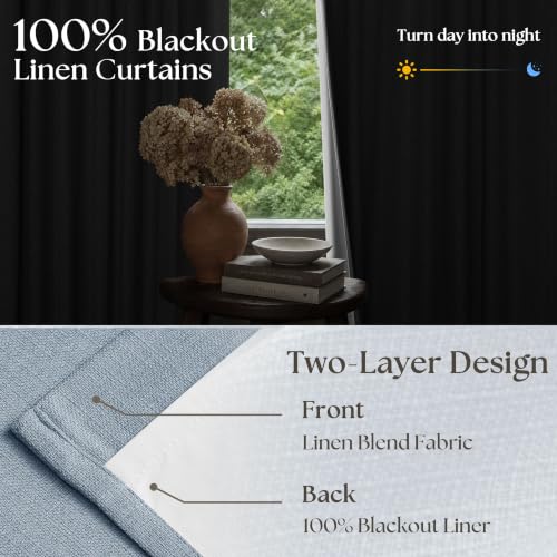 Blue Linen Blackout Pleated 86 Inch Curtains with Liner for Living Room (Light Blue / 40"W x 86"L (Pack of 2))