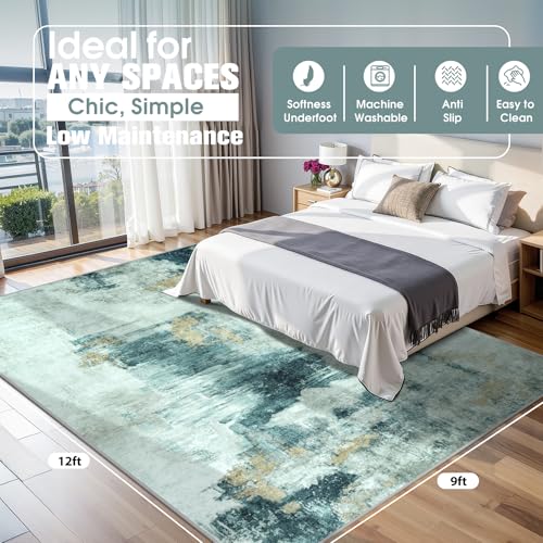 9x12 Area Rugs for Living Room Washable Bedroom Dining Room Teal Grey Gold (Teal Grey/Gold / 9' x 12' (Rectangular))