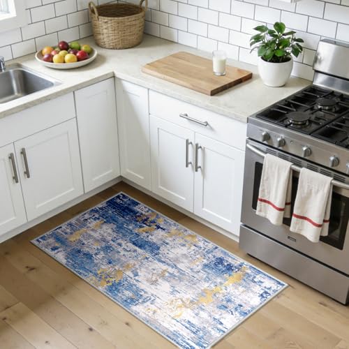 Washable 2'x4' Abstract Area Rug for Living Room Blue Gold (Blue/Gold / 2' x 4' (Rectangular))