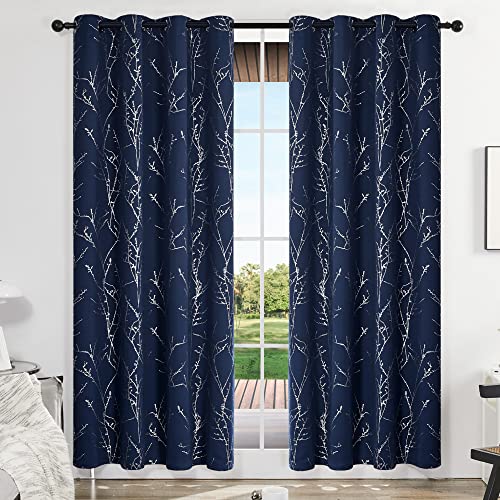 Living Room Curtains 108 Inch Long (Navy Blue/Tree Branch / 52"W x 108"L (Pack of 2))
