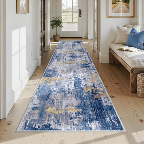 Washable Runner 3'x12' Abstract Area Rug for Hallway Blue Gold (Blue/Gold / 3' x 12' (Runner))