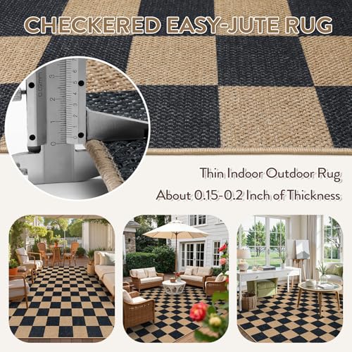 Checkered Easy Jute Living Room Rug (8' x 10' (Rectangular) / Black/Checkerboard -1)