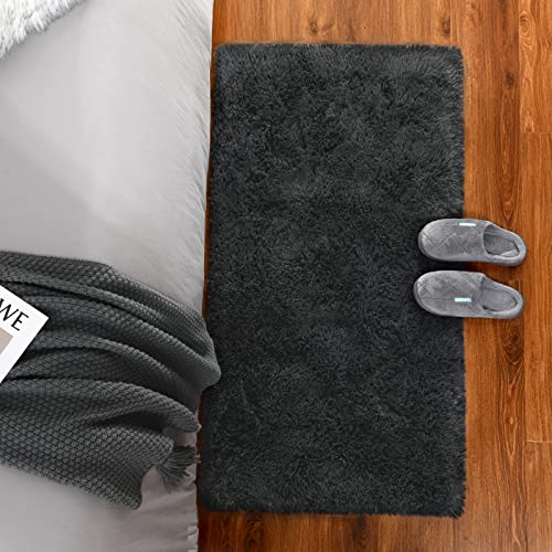 Soft Runner Rug for Bedroom Living Room Plush Fluffy Rugs 2x4 (Dark Grey / 2' x 4' (Runner))