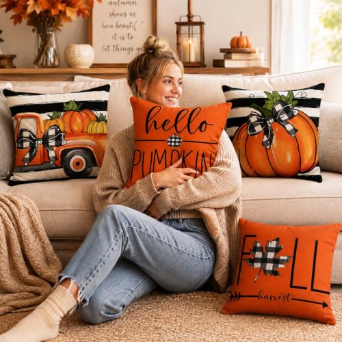Fall Throw Pillow Covers for Home Strip Pumpkin Pillowcase 18x18 Set of 4 (Fall 01)