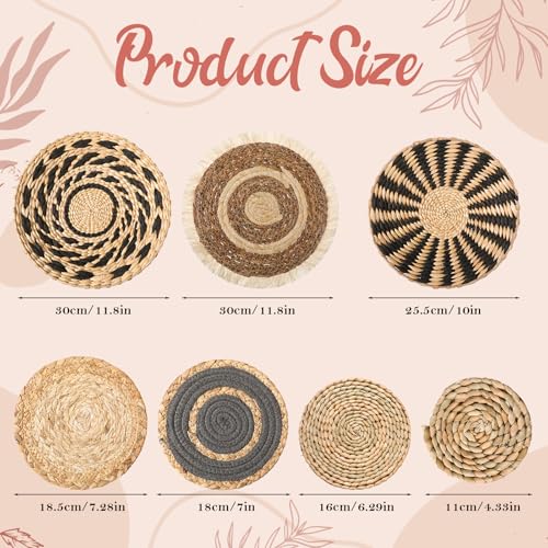 7 Pcs Boho Wall Basket Decor Decorative Hanging Woven Wall Basket Decor Round Farmhouse Hanging Baskets Handmade Woven Baskets Walls Decorative for Kitchen Rustic Home Summer Decorations