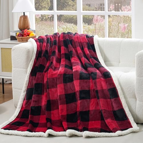 Sherpa Fleece Throw Blanket 80" x 90" Reversible Plush Fluffy Large Big Blanket Lattice Flannel Blankets for All Season Use (Red and Black / 80"*90")