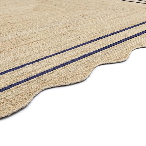 Wave Scalloped Jute Rug Entryway Natural Boho Area Rug Navy Blue 5'x8' (5'x8' / Navy Blue)