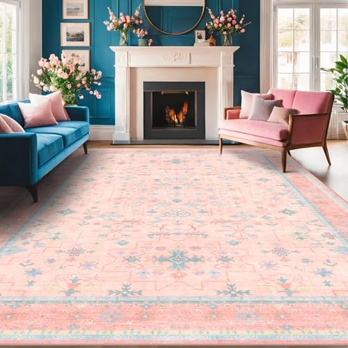 Washable Pink and Blue 7x9 Boho Rugs for Bedroom Girls (7' x 9' (Rectangular) / Pink / Blue)