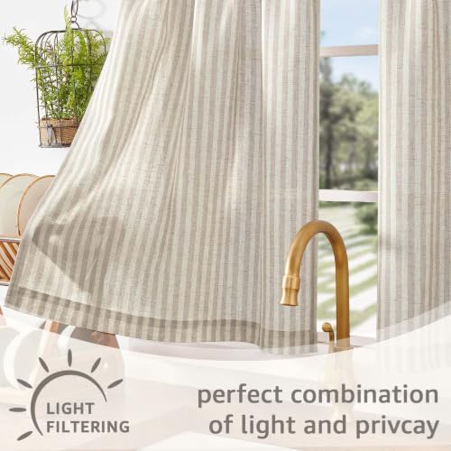 Tab Top Linen Kitchen Curtains 36 Inches Striped Tier Curtains Farmhouse Modern Cafe Style Small Window Treatments Airy Light Filtering Rod Pocket for Living Room Bathroom 2 Panels Taupe Grey (D | Taupe Grey on Beige / 26"W x 36"L (Pack of 2))