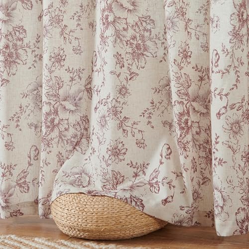 Vintage Floral Linen Curtains 96 Long for Living Room 2 Panels (Brick Red / 50"W x 96"L (Pack of 2))