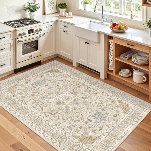 Area Rug 3x5 Washable Vintage Entry Rugs for Bedroom (Beige/Blue / 3' x 5' (Rectangular))
