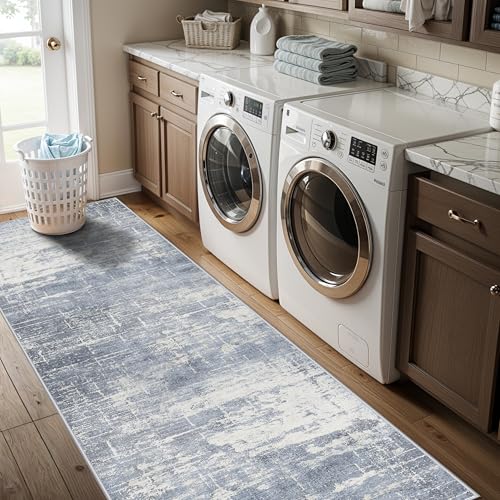 Hallway 2x8 Washable Runner Rug (2' x 8' (Rectangular) / Blue/Ivory)