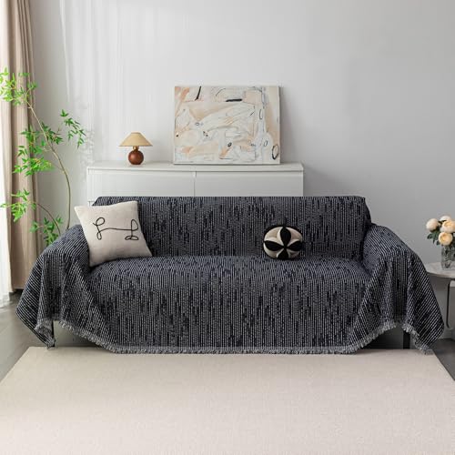 Boho Couch Cover Navy Sofa Covers with Tassel Farmhouse Sofa Slipcover Simple Couch Protector for Dogs Chenille Sectional Couch Covers L Shaped Couch Cushion Covers (91" x 134" / 9# Lines Navy)